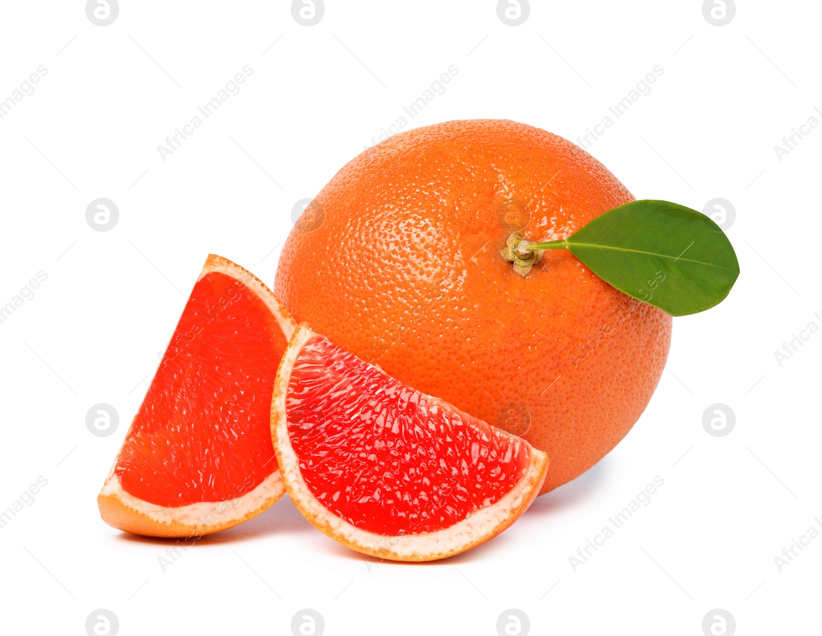 Photo of Whole and cut ripe grapefruits isolated on white