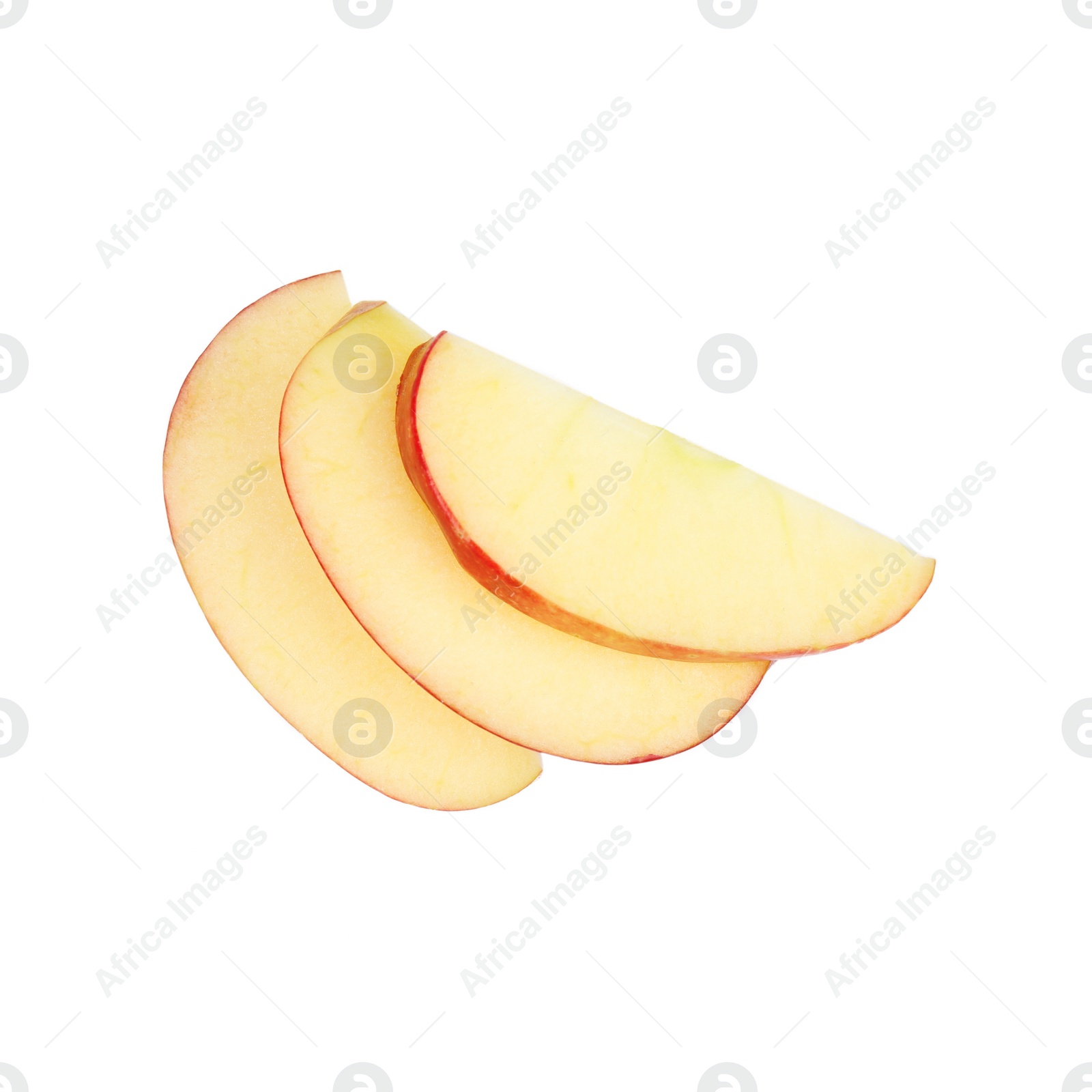 Photo of Slices of ripe juicy red apple on white background, top view