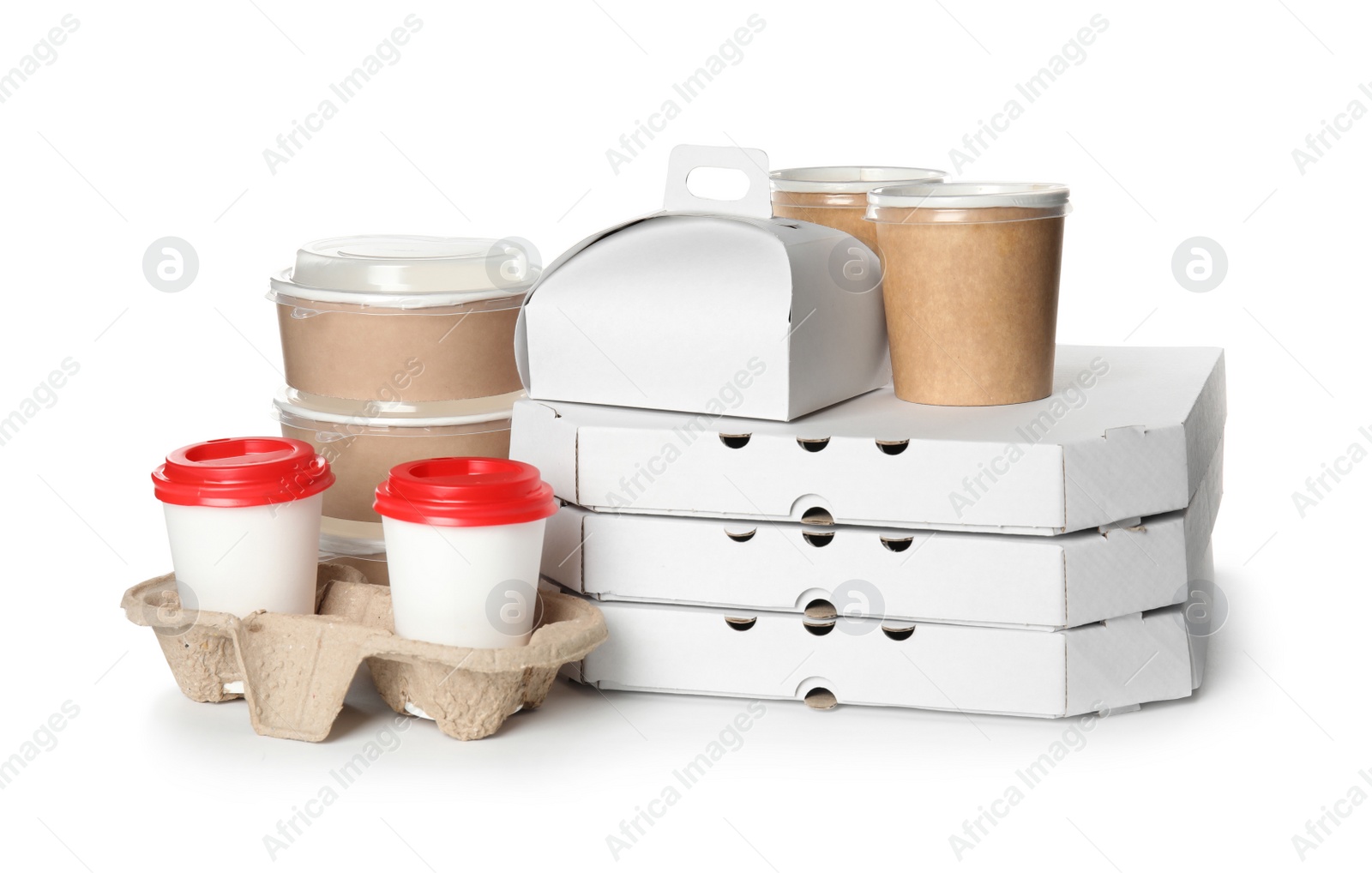 Photo of Different containers on white background, mockup for design. Food delivery