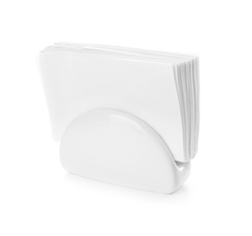 Photo of Ceramic napkin holder with paper serviettes on white background