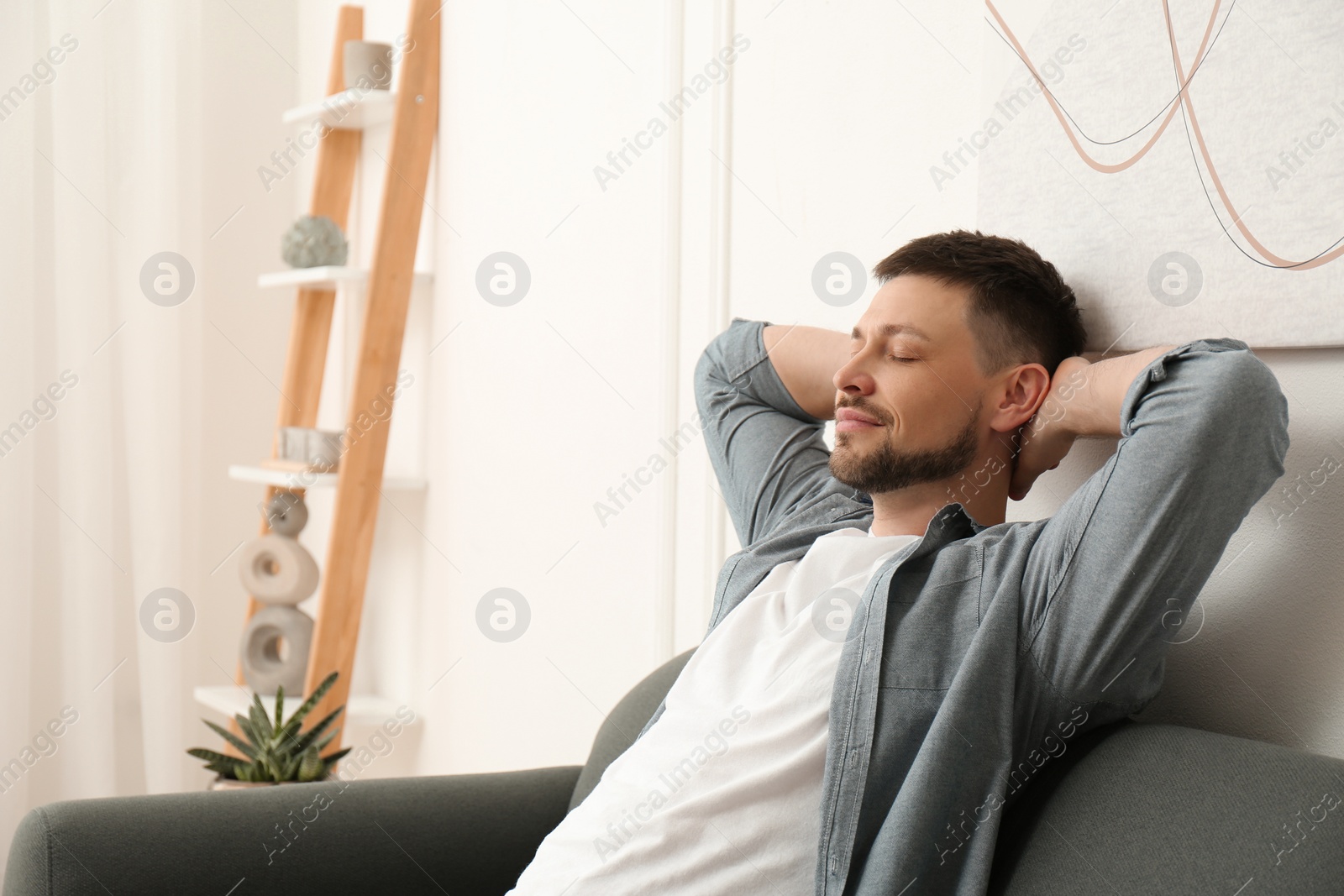 Photo of Handsome man relaxing on sofa at home, space for text