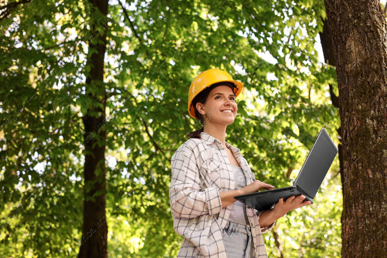 Photo of Forester in hard hat with laptop working in forest