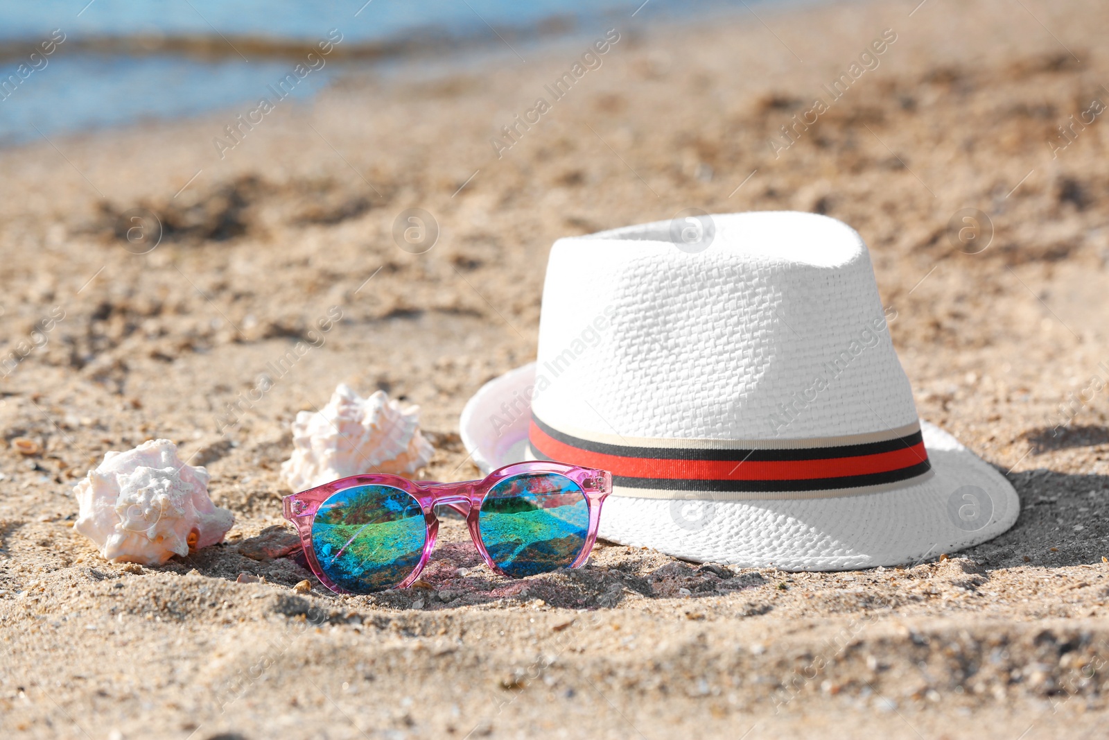 Photo of Hat, sunglasses and shells on sand near sea. Beach object