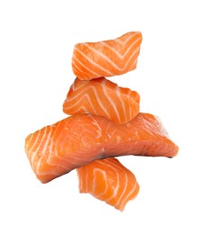 Image of Cut fresh salmon falling on white background