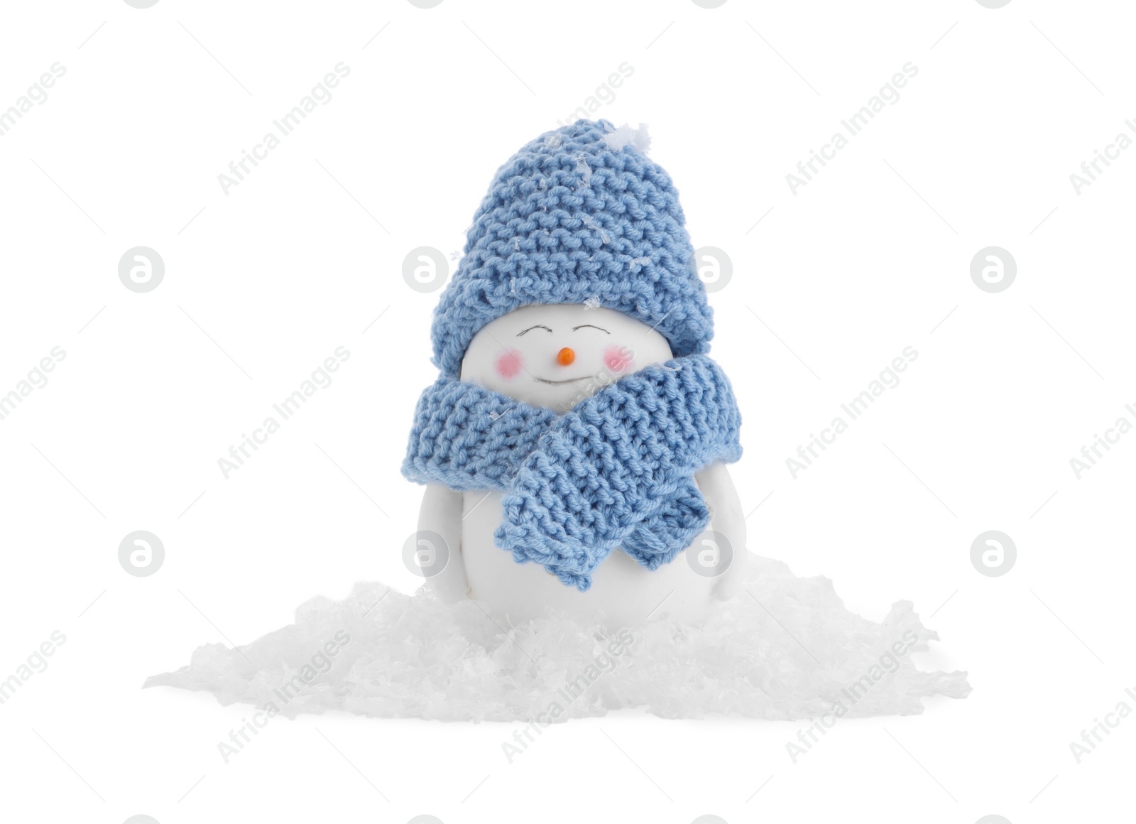 Photo of Cute decorative snowman and artificial snow isolated on white