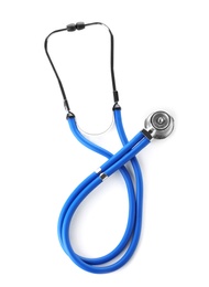 Photo of Stethoscope on white background, top view. Medical device