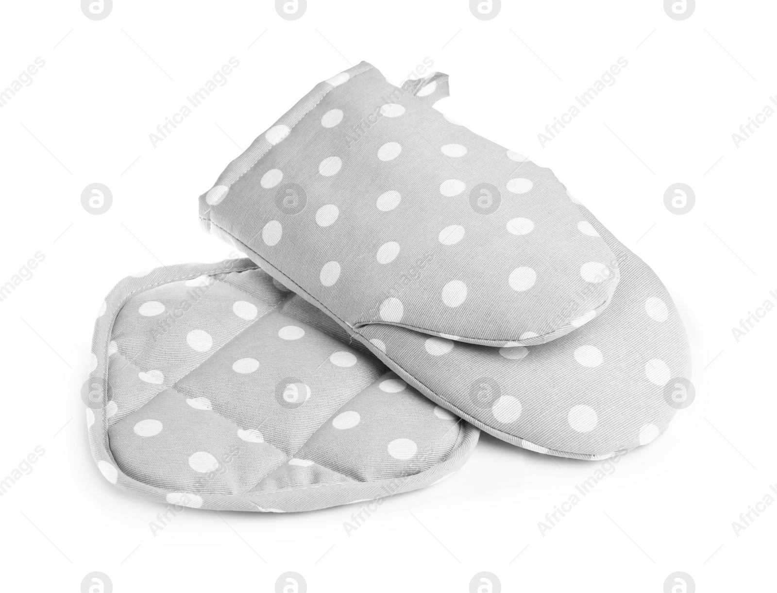 Photo of Oven glove and potholder for hot dishes on white background