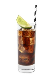 Glass of refreshing soda drink with ice cubes, lime and straw on white background
