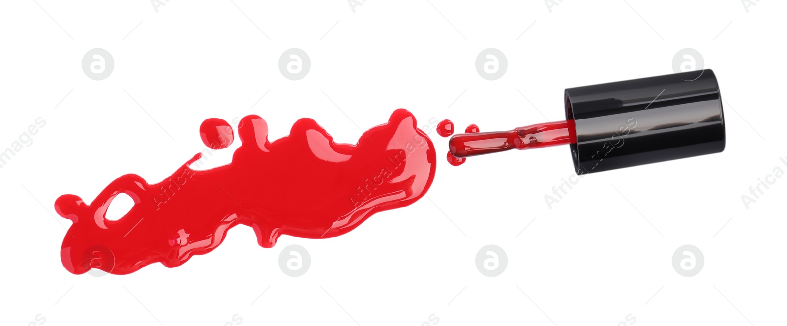 Photo of Sample of red nail polish and brush isolated on white, top view