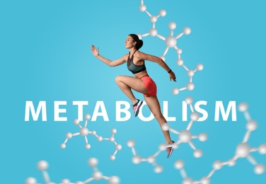Image of Metabolism concept. Molecular chain illustration and athletic young woman running on blue background 