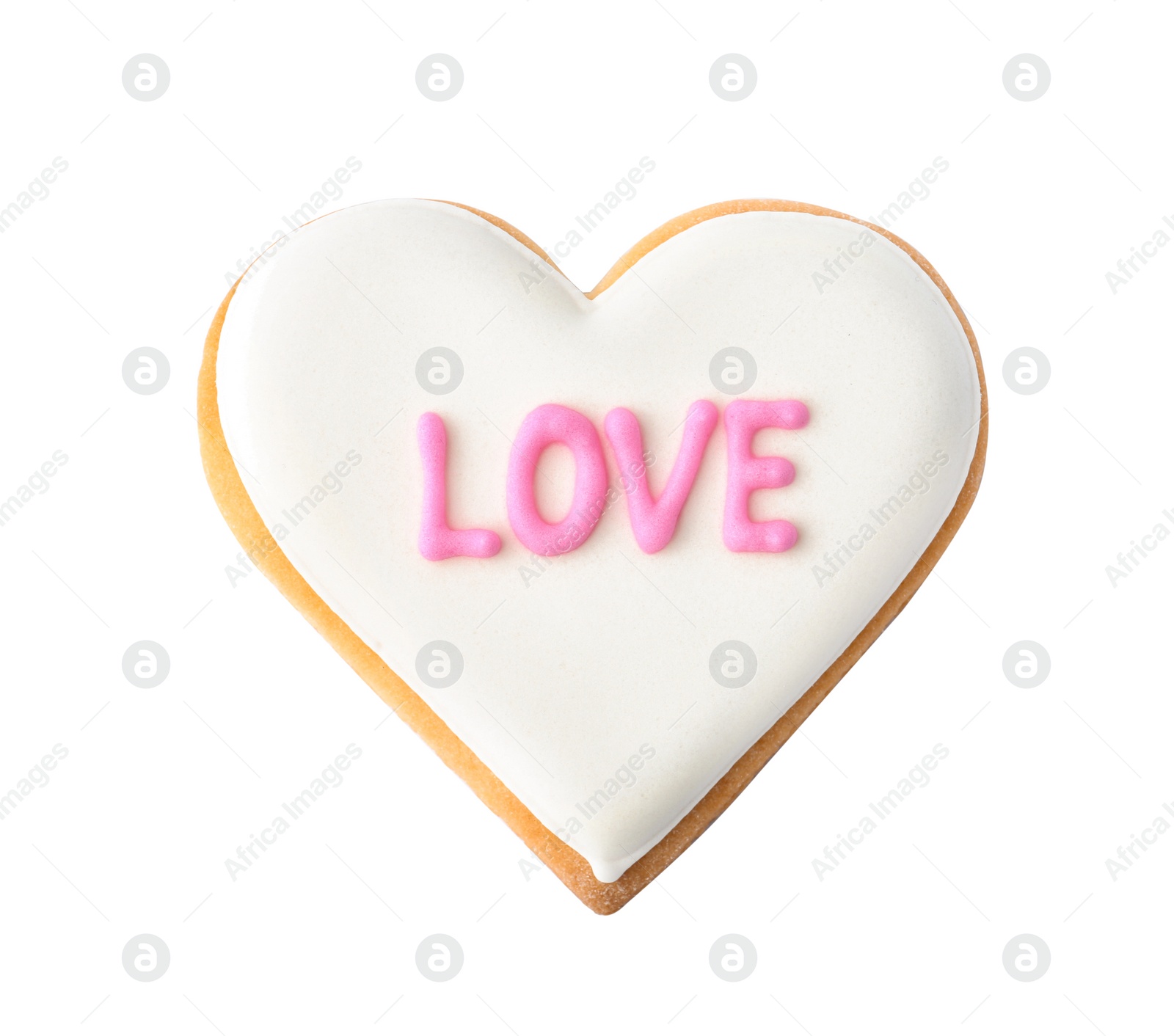 Photo of Decorated heart shaped cookie with word LOVE on white background, top view. Valentine's day treat