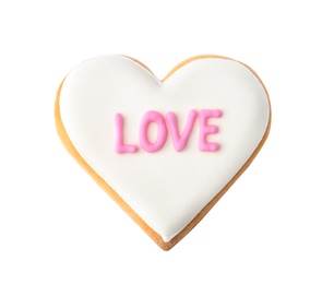 Photo of Decorated heart shaped cookie with word LOVE on white background, top view. Valentine's day treat