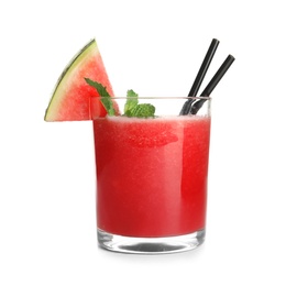 Tasty summer watermelon drink in glass on white background