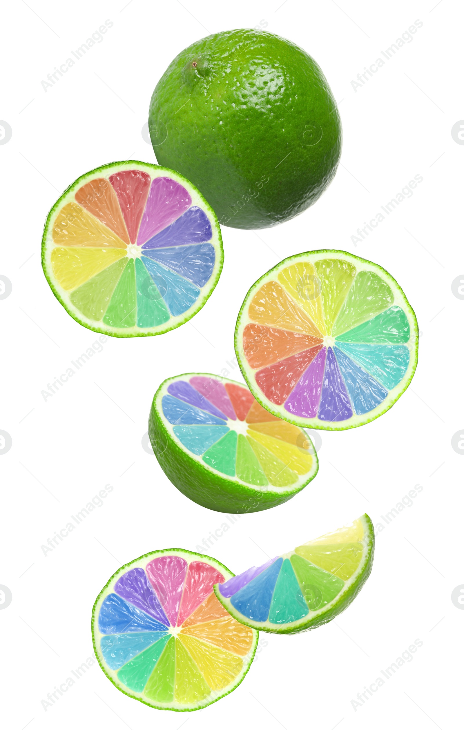 Image of Fresh limes with rainbow segments falling on white background. Brighten your life