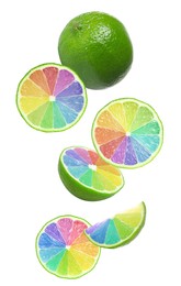 Fresh limes with rainbow segments falling on white background. Brighten your life