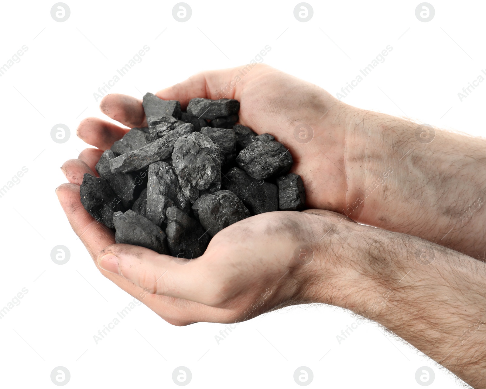 Photo of Man holding coal in hands on white background, closeup