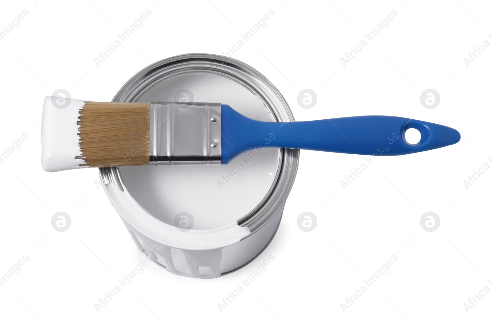 Photo of Can of white paint and brush isolated on white, above view