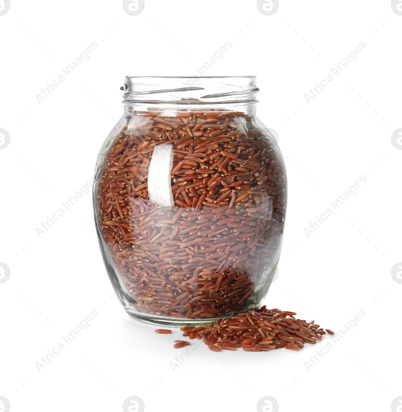 Photo of Jar with uncooked red rice on white background