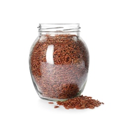 Photo of Jar with uncooked red rice on white background