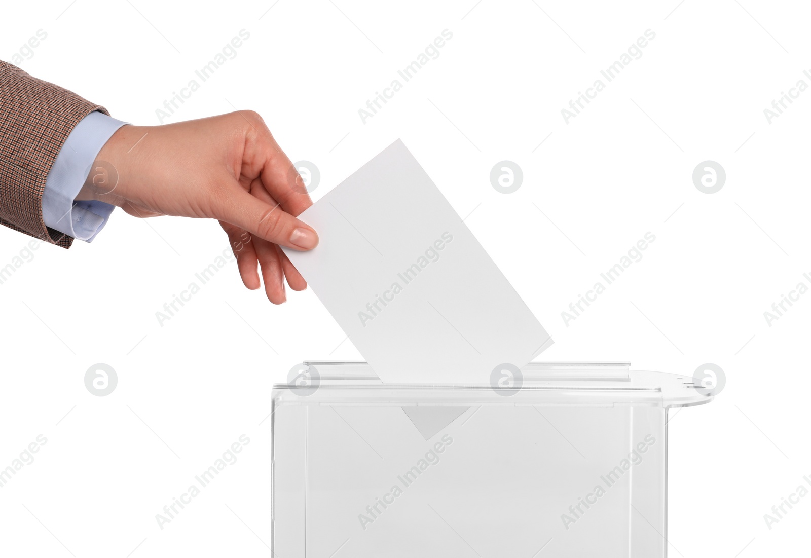 Photo of Woman putting her vote into ballot box on white background, closeup