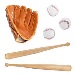 Wooden baseball bats, balls and pitcher isolated on white