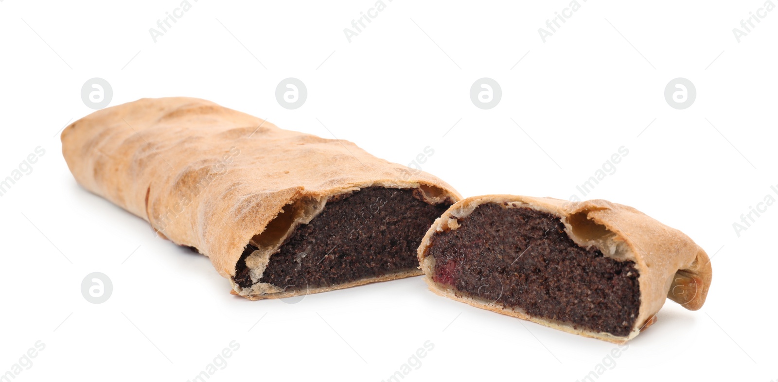 Photo of Delicious strudel with poppy seeds and cherries isolated on white