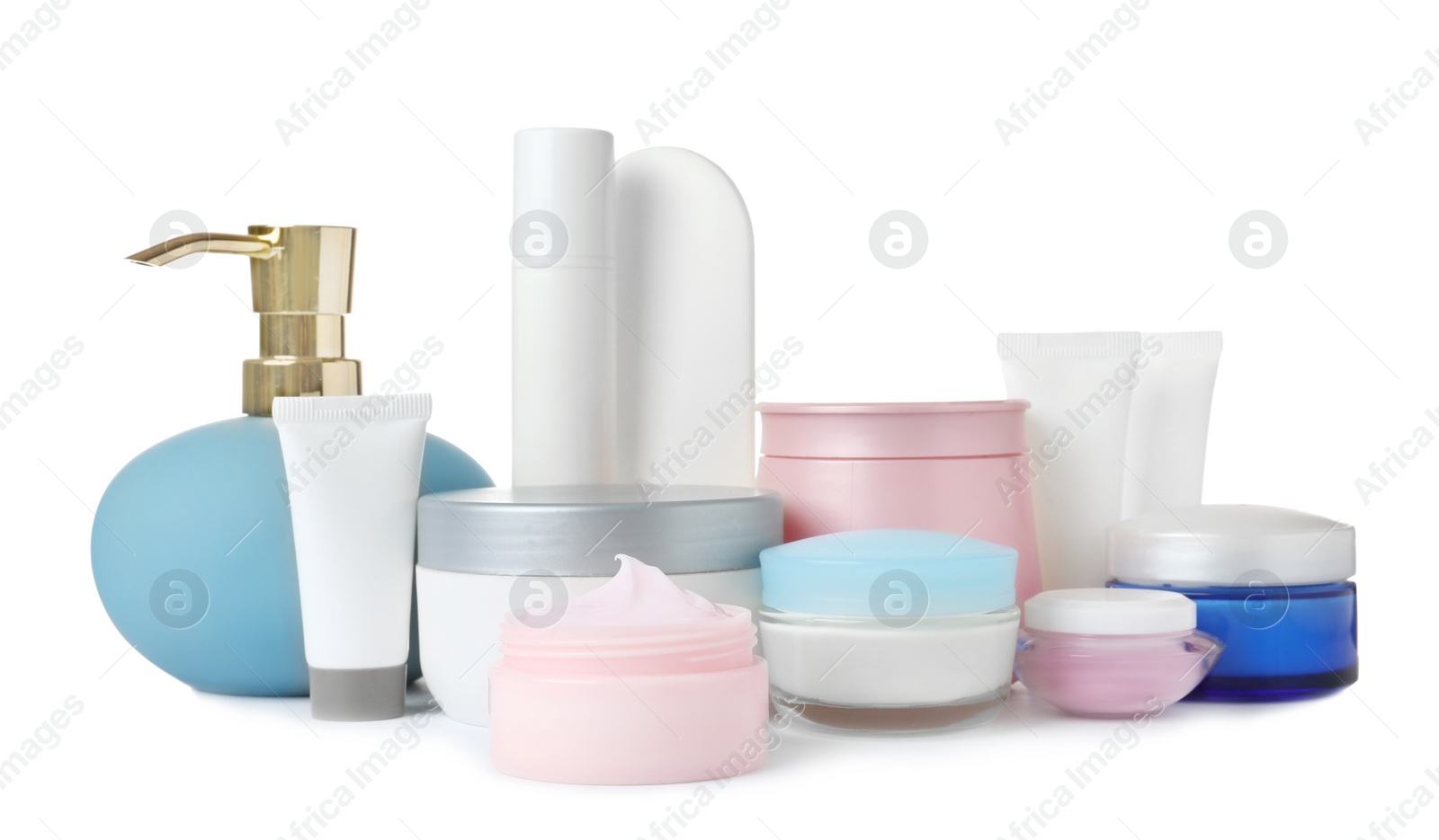 Photo of Different body care products on white background