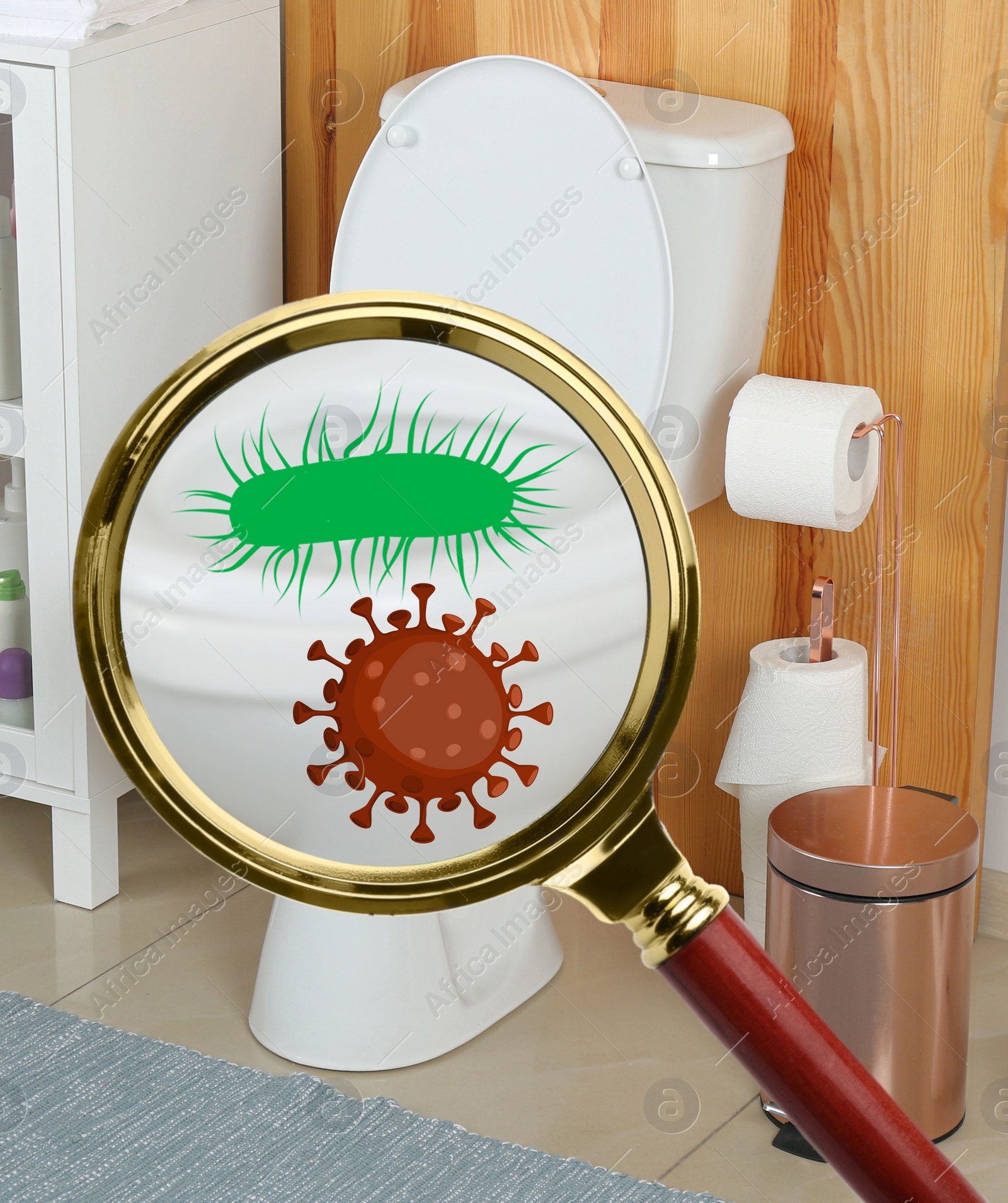 Image of Magnifying glass and illustration of microbes on toilet bowl in bathroom