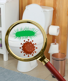 Image of Magnifying glass and illustration of microbes on toilet bowl in bathroom