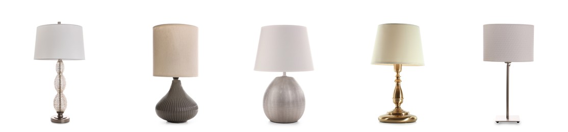 Image of Set with stylish night lamps on white background. Banner design