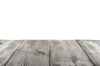 Photo of Empty wooden table surface on white background