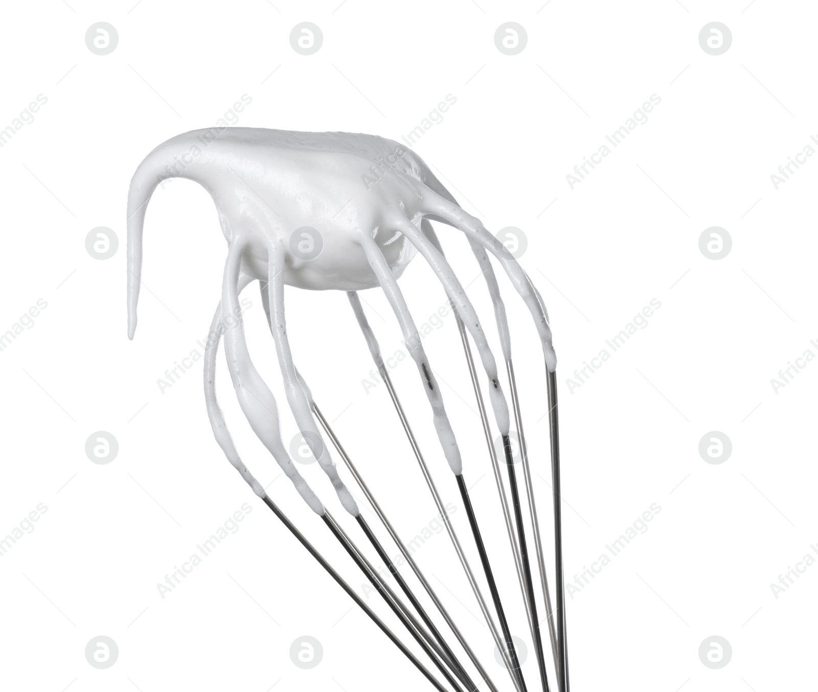 Photo of Whisk with whipped egg whites isolated on white