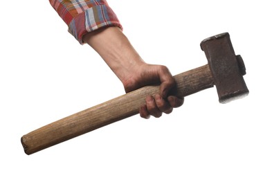 Man with sledgehammer on white background, closeup