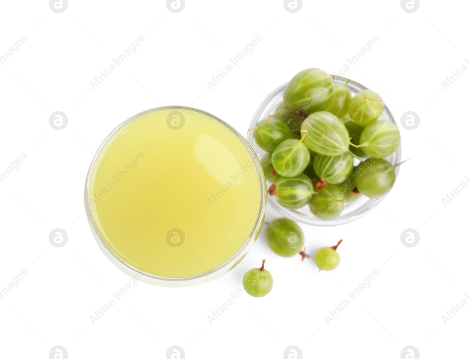 Photo of Tasty gooseberry juice and fresh berries isolated on white, top view