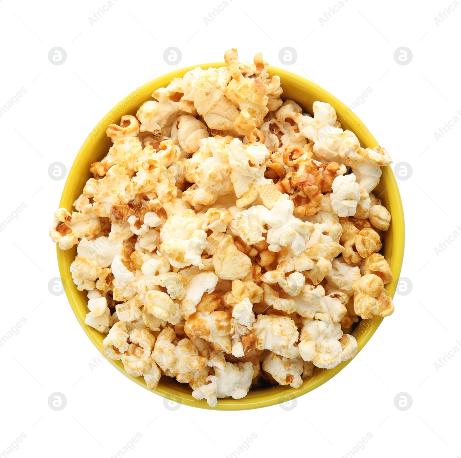 Photo of Bowl with delicious fresh popcorn on white background, top view