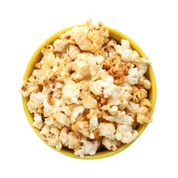 Photo of Bowl with delicious fresh popcorn on white background, top view