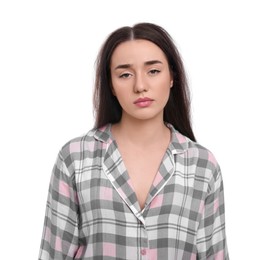 Photo of Tired young woman on white background. Insomnia problem