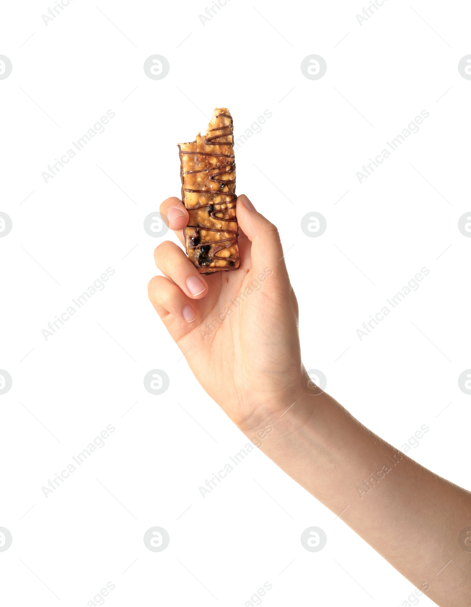 Photo of Woman holding grain cereal bar on white background. Healthy snack