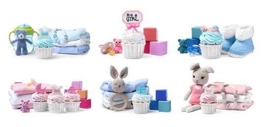 Image of Beautifully decorated baby shower cupcakes, toys and clothes on white background, collage. Banner design