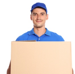 Happy young courier with cardboard box on white background