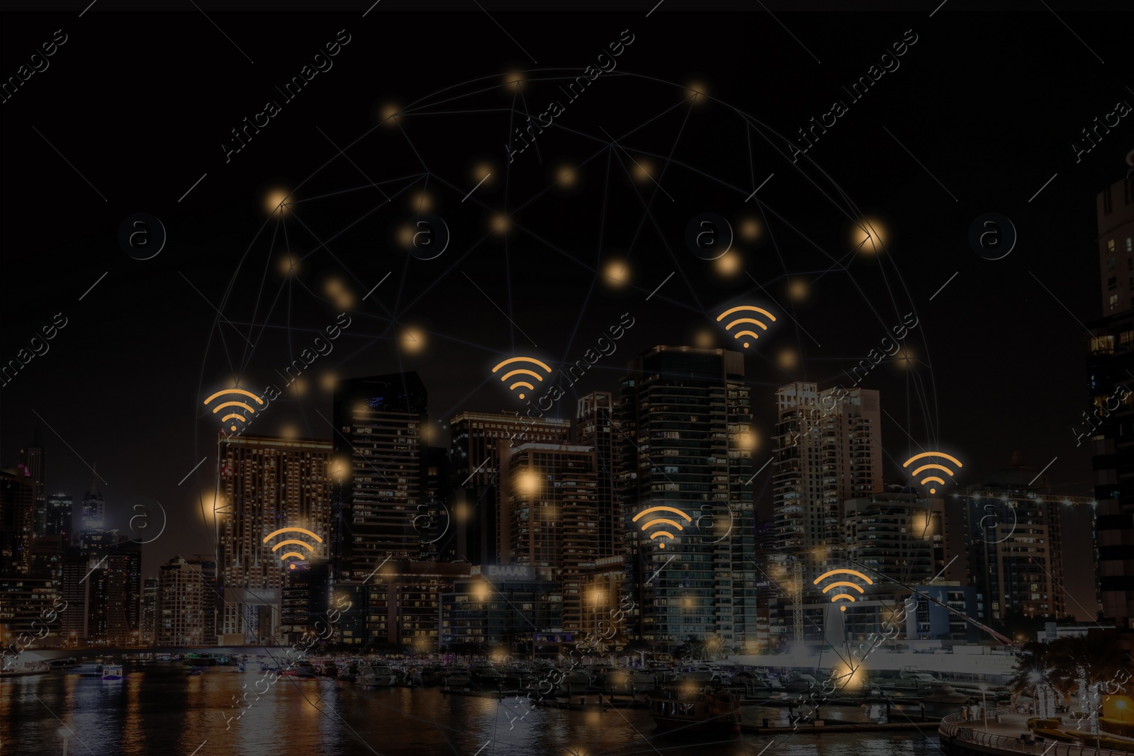 Image of Picturesque view of city with buildings at night and wi-fi symbols