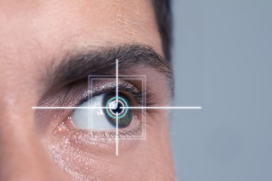 Vision test. Laser reticle focused on man's eye, closeup