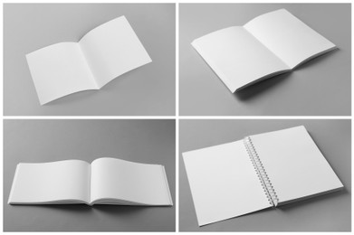 Open blank brochures on grey background, collage 