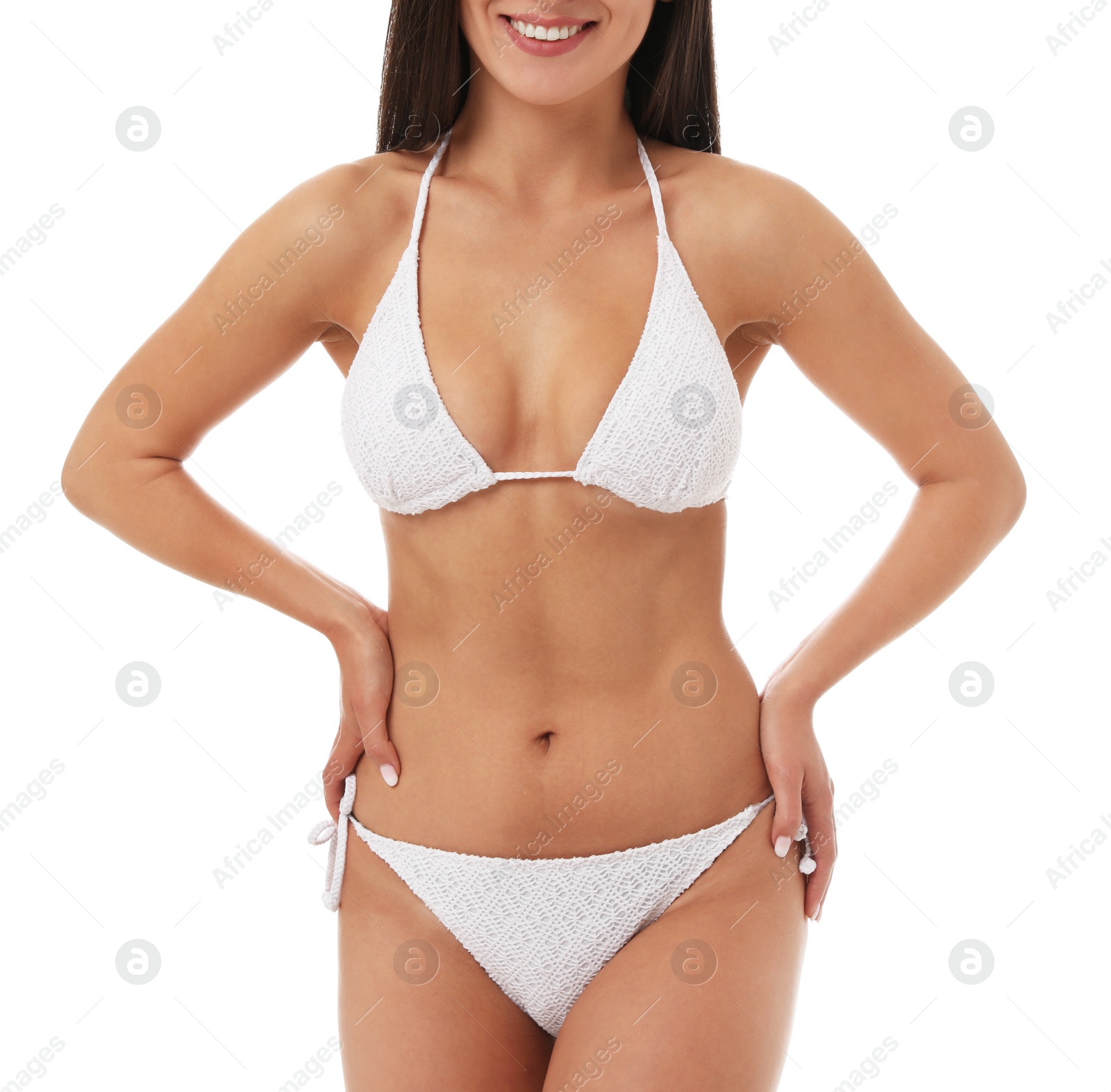 Photo of Pretty sexy woman with slim body in stylish bikini on white background, closeup view