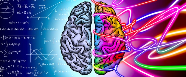 Image of Logic and creativity. Illustration of brain hemispheres, banner design. Different formulas and bright neon lines on background