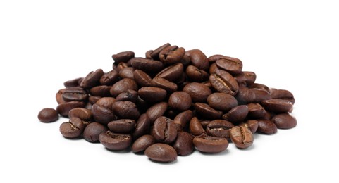 Pile of roasted coffee beans on white background