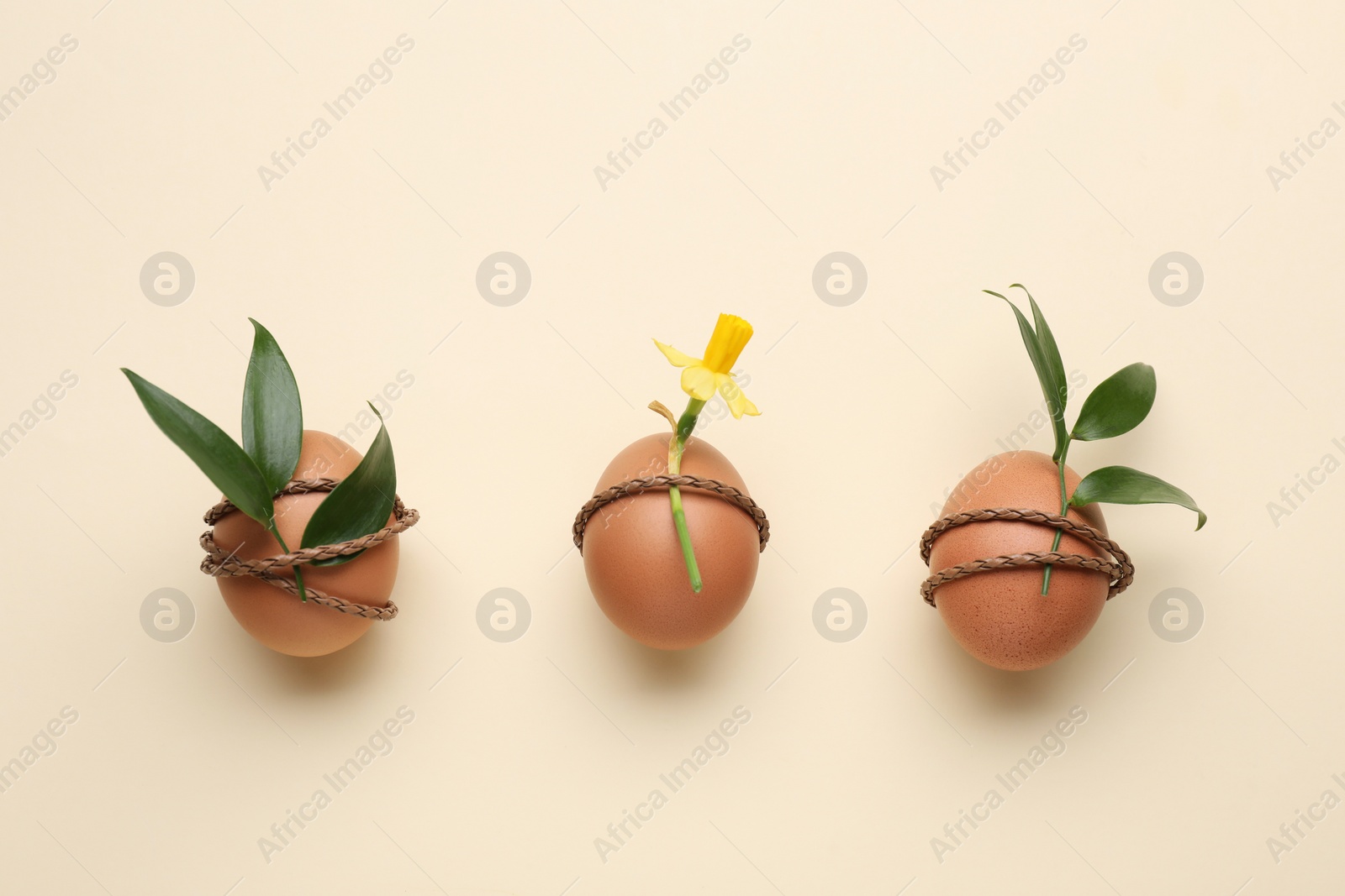 Photo of Easter eggs decorated with green leaves and flower on beige background, flat lay