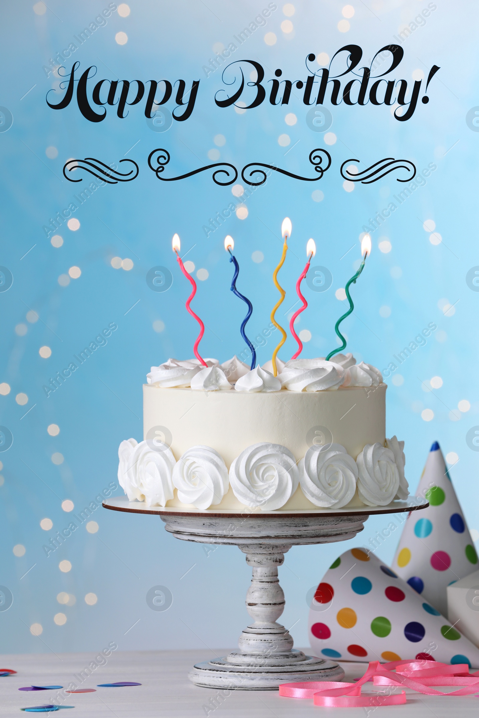 Image of Happy Birthday! Delicious cake with burning candles and decor on white table 
