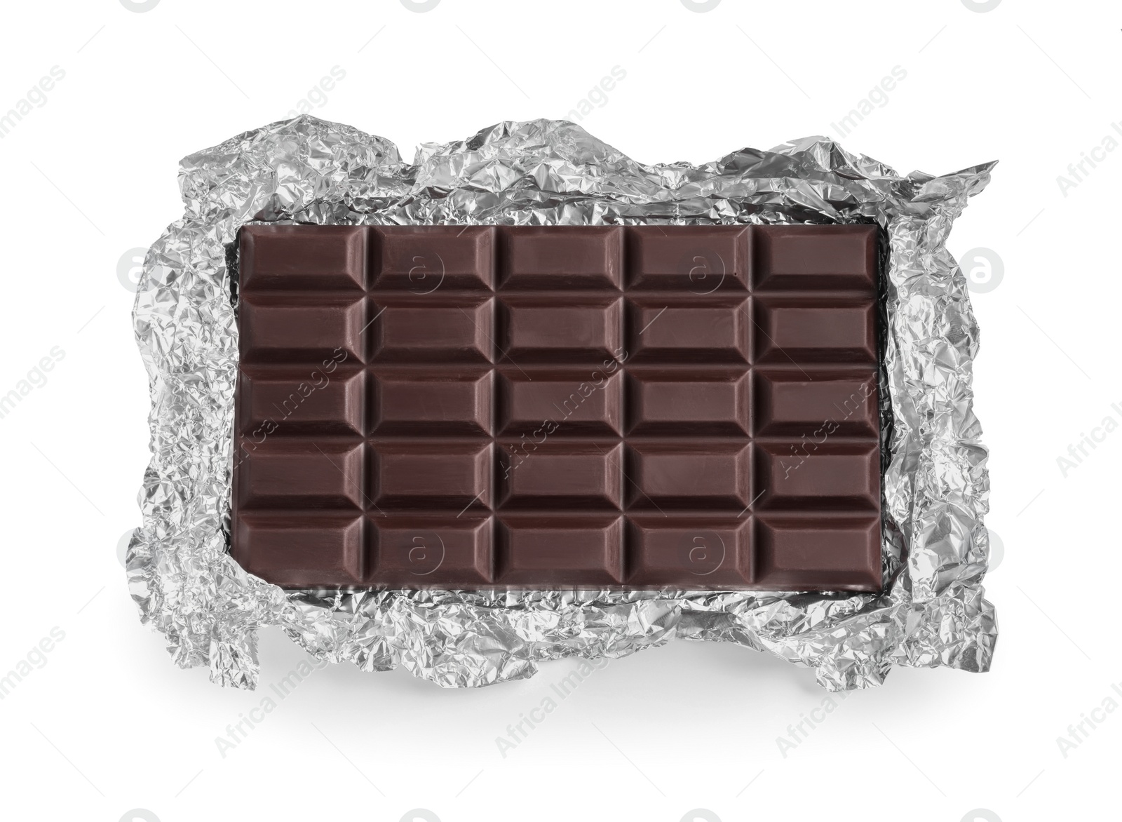 Photo of Delicious dark chocolate bar with foil isolated on white, top view