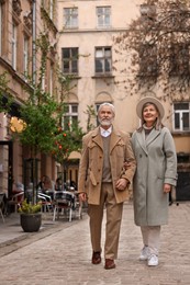 Photo of Portrait of affectionate senior couple walking outdoors, space for text